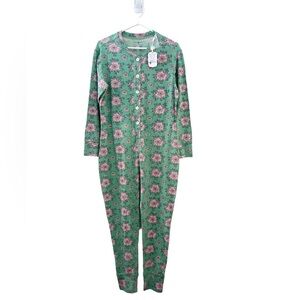 April Cornell Women M Folklore Jersey Onesie Pajamas Green Floral One Piece NWT